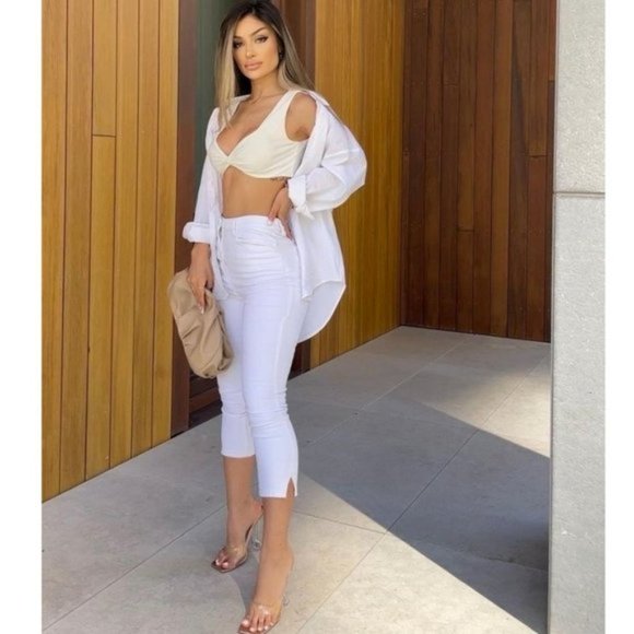 White High Waist Split Hem Skinny Capri Jeans Denim Pants - Picture 11 of 12